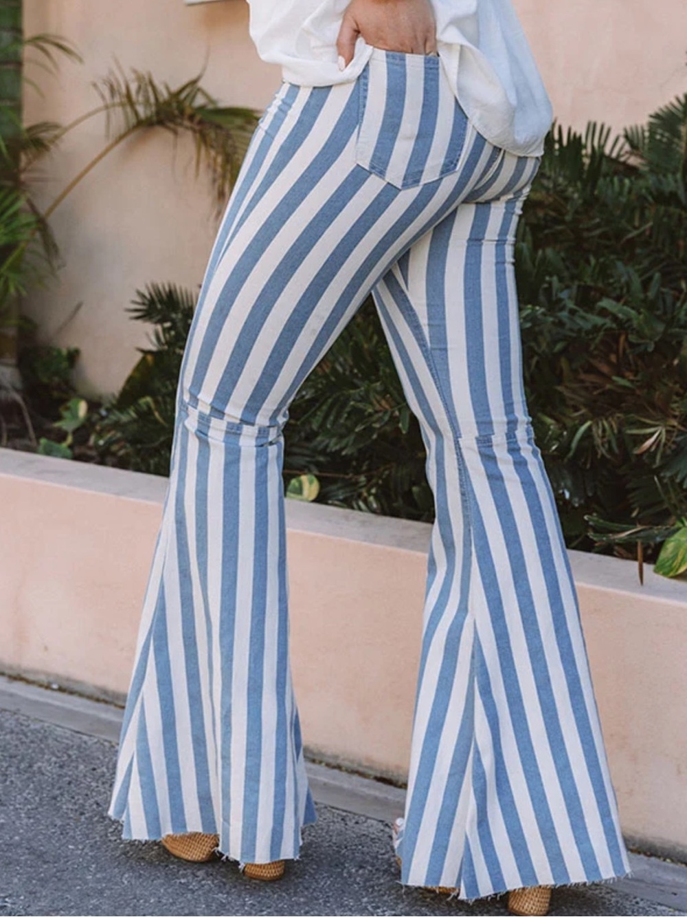 Three Bird Nest Striped Flare Pants Bohemian Blue White Women’s Large